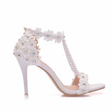 Crystal Queen Women Sandals Flowers Pearl Stilettos Bridal 9cm Evening Party High Heels Bridal Pumps Wedding Shoes MartLion   