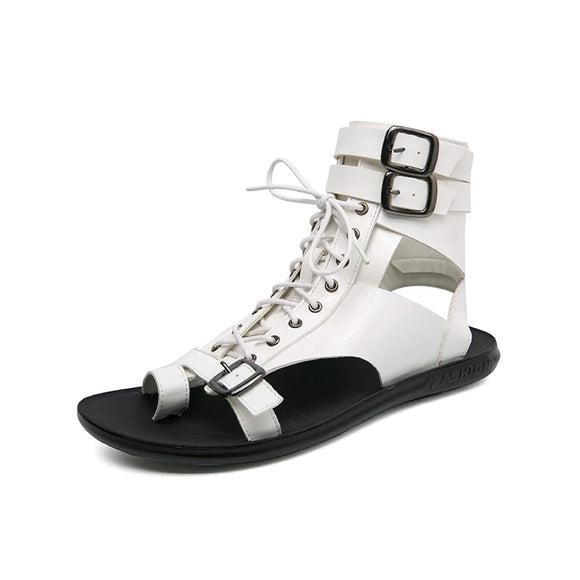 Gladiator Platform Summer Sandals Shoes for Men's Black Casual Beach Leather Flip Flops Ankle MartLion 53323 White 43 