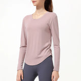 Women Long Sleeve T-shirts With Chest Pad Loose Sports Tops Gym Workout Blouse Sportswear Running Fitness Pulovers MartLion QCX217-Leather Pink S 