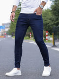 Men Jeans Stretch Skinny Denim Pants Solid Color Black Blue  Summer Street MartLion Dark Blue S (Waist 76cm) CHINA