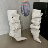 Runway Boots for Women Slim High Heels Pleated Metal Buckle Long Four Season MartLion PU white Plush 45 