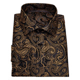 Barry Wang Gold Paisley Bright Silk Shirts Men's Autumn Long Sleeve Casual Flower Shirts Designer Fit Dress Shirts MartLion   