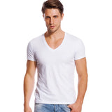Solid V Neck T Shirt Men's Low Cut Stretch Vee Top Tees Slim Fit Short Sleeve Invisible Undershirt Summer MartLion WHITE XL 
