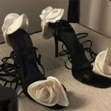 Women's Round Toe Slender High Heel Silk Rose Heel Strap Large Slotted Sandals Occidental Show Banquet Shoes MartLion 125-6Black  white 39 