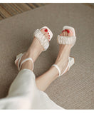 Womens Sandals Summer Pleated Ankle Buckle Casual High Heels Shoes Lolita Square Toe Heels Mart Lion   
