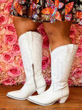 Women Boots Low Heel Shoes Cool British Embroidered Design Soft Short Party Knee High Pink Cowboy Mart Lion   