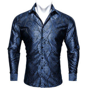 Designer Blue Silk Paisley Shirts Men's Lapel Woven Long Sleeve Embroidered Four Seasons Exquisite Fit Party Wedding MartLion   