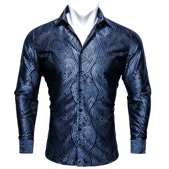  Designer Blue Silk Paisley Shirts Men's Lapel Woven Long Sleeve Embroidered Four Seasons Exquisite Fit Party Wedding MartLion - Mart Lion