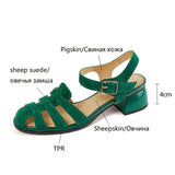 Summer Women Shoes Round Toe Sandals Casual Suede Roman Heels Green Genuine Leather Mid Heels MartLion   