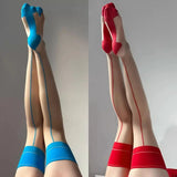 Contrast Color Rib Cut Edge Thigh High Stockings Retro Cuban Heel Back Seam Medias 10D Ultra Thin Transparent Underwear MartLion   