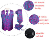 4PC Men's Silk Vest Party Wedding Purple Paisley Solid Floral Waistcoat Vest Pocket Square Tie Slim Suit Set Barry Wang Mart Lion   