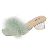 Mules Sandal Women Summer Outdoor Slippers Square Toe High Heels Office Ladies Feather Slides Chic Classics Furry Shoes MartLion Light green 35 