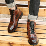 Men's Boots Autumn Spring Leather Round Toe Vintage Crocodile Pattern Shoes Leisure High Top Mart Lion   