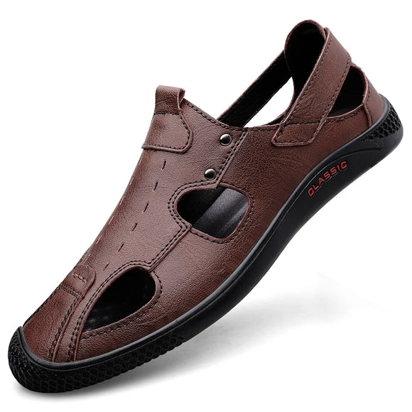 British Style Men's Sandals Genuine Leather Loafer Outdoor Summer Casual Flats Lightweight Affairs Shoes MartLion Brown 37 