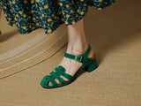 Summer Women Shoes Round Toe Sandals Casual Suede Roman Heels Green Genuine Leather Mid Heels MartLion   