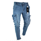 Jeans Men Pants Wash Solid Color Multi Pockets Denim Mid Waist Cargo Jeans MartLion 806-02 L Waist 84cm 