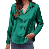 Women Shirts Silk Solid Plain Purple Green White Black Red Blue Pink Yellow Gold Blouses Long Sleeve Tops Barry Wang MartLion 533 S 