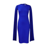 Temperament Casual Slim Fit Office Dress  Sleeved Solid Color Mid Dress Women Clothing MartLion ROYAL BLUE M 