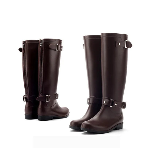  Comemore Women Black Water Zip Rain Boots High Female PVC Rainboots Waterproof Flat Shoes MartLion - Mart Lion