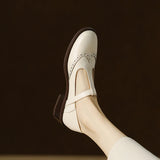 Spring Genuine Leather Women Pumps Shoes Round Toe Chunky Heel Retro Mary Janes Block Leather Shoes Shallow MartLion   