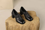 Genuine Leather Spring Women Shoes Square Toe Chunky Heel High Heel Pumps Black MartLion   