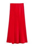 Women's Flowing Satin Midi Skirt Women Vintage Elastic  Waist Flared Street Skirt MartLion Red L 