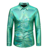 Men's Shirt Top Attractive Autumn Button Down Disco Gold Silver Pink Lapel Long Sleeve Party Shiny MartLion Green S CHINA