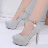 Wedding Shoes Women High Heels Pumps Bride Platform Super High Heel 12cm Black Silver MartLion   