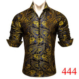 Luxury Shirts Men's Long Sleeve Silk Green Flower Slim Fit Tops Casual Button Down Collar Bloues Breathable Barry Wang MartLion   