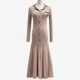 Elegant Slim Knitted Long Dress Women's Letter Single Breasted Long Sleeved MartLion   