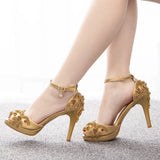 Women Wedding Shoes Bride Sandals White Rhinestones Silver Platform Dress Thin High Heels Ladies Pumps MartLion   