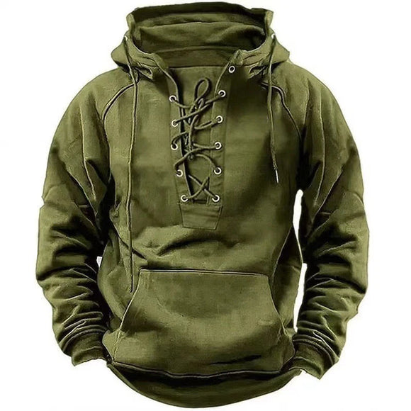 Fall Trendy Mens Hooded Sweatshirts Lace-up Drawstring Long Sleeve Loose Hoodies Men Streetwear Vintage Solid Color Hoodie MartLion 05 Dark Green XXXL 