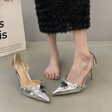 Silver High Heels Sandals Women Summer Punk Goth Pointed Toe Party Shoes Woman Metallic Thin Heeled Dress Pumps Ladies MartLion   