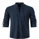 Men's V-neck shirt T-shirt Vintage Thin Long Sleeve Top Casual Breathable Viking Front Lace Up Mart Lion NAVY S China