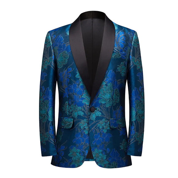 Men's Blue Jacquard Floral Suit Coat Embroidery Tuxedo Shawl Collar Slim Wedding Banquet Host Slim Fit Suit Jackets blazers MartLion XS  