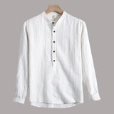 Men's Cotton Linen Shirts Henley Long Sleeve Casual Cotton MartLion XXL White 