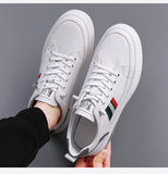 Genuine Leather Men's Casual Shoes High End Striped Cool White Flat Skateboard Cow Leather Sneakers Mart Lion   