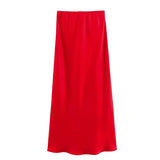 Women's Flowing Satin Midi Skirt Women Vintage Elastic  Waist Flared Street Skirt MartLion   