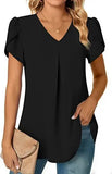 Summer Solid Color V-neck Short Sleeve Pullover Shirt Ladies Loose Casual Simple All-match Blouse Top Women's Clothing MartLion Black M 