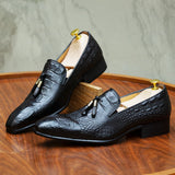 Men's Tassel Loafer Genuine Leather Dress Shoes Crocodile Prints Casual Slip-On Wedding Party Dress MartLion Black US 6 