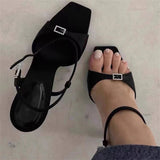 Liyke Crystal Buckle Ankle Strap Sandals Women Black Silk Square Toe Gladiator Heels Party Dress Shoes Mart Lion   