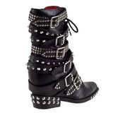 Punk Style Girls Black Leather Spike Rivet Belt Buckles Motorcycle Short Boots Women Round Toe Zipper Side Leisure Ankle Boots MartLion   