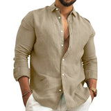 Men's Casual Shirts Linen Tops Loose and Comfortable Long Sleeve Beach Hawaiian Shirts MartLion khaki shirt S 
