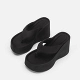 Small height increase thick-soled flip-flops female summer outside wearing pinch-foot leather sponge slippers MartLion Black 35 