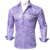 Luxury Purple Men's Silk Shirt Spring Autumn Long Sleeve Lapel Shirts Casual Fit Set Party Wedding Barry Wang MartLion   