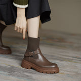 Autumn Thick-soled Ankle Boots and Socks All-match Flying Woven Elastic Velvet shoes Mart Lion Brown 35 