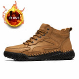 Outdoor Hiking Shoes for Men's Autumn Winter Boots Hand Stitched Optional Plush Non-slip High Top Casual Sports MartLion Brown(Plush) 38(24.0CM) 