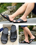 Men's Slippers Summer Genuine Leather Casual Slides Street Beach Shoes Black Cow Leather Sandals Mart Lion   