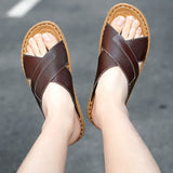 Design Leather Open Toe Sandals Men‘s Slip Resistant Solid Color Slippers Soft Slipper Outdoor Summer Shoes Mart Lion   