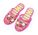 Summer Casual Hollow Out Mesh Slippers Women House Slippers Sequin Flower Home Flat Shoes Lady Sandals Flip Flops Indoor Slipper Mart Lion Rosy Red 36 